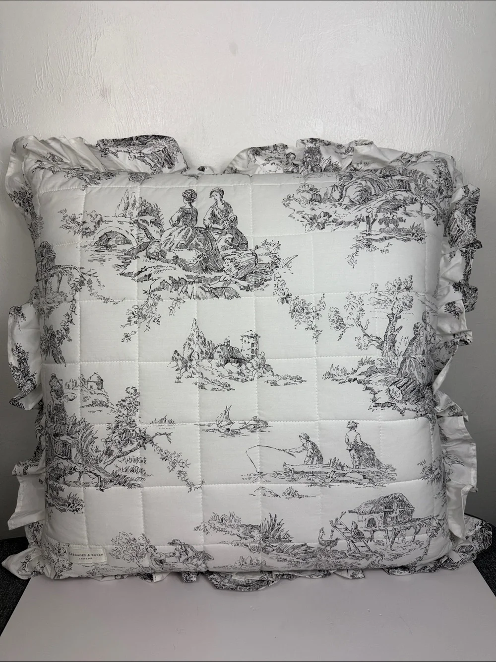 Cabbages & Roses London Black White Toile Ruffle Pillow 24.5”